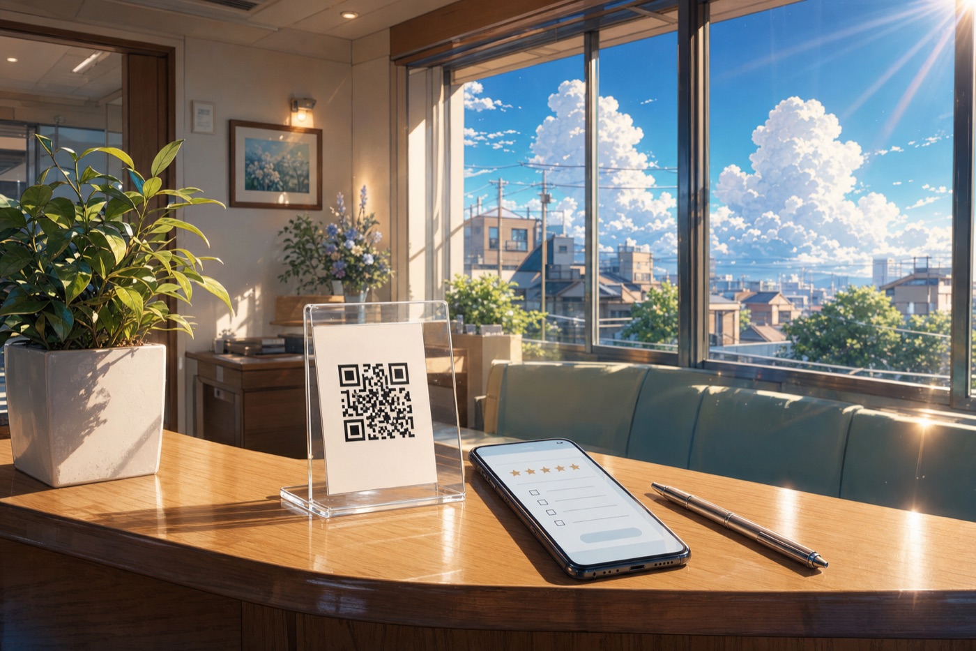 受付に置いたQRコードから、スマホでアンケートに答えてもらう（イメージ）