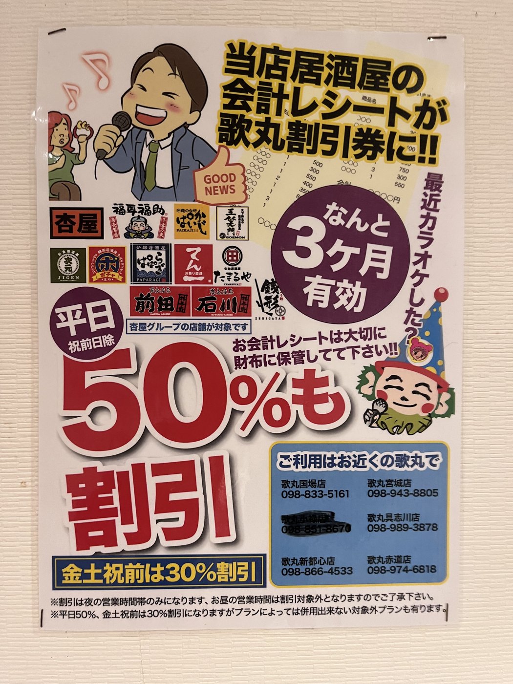 当店居酒屋の会計レシートが、カラオケの割引券に