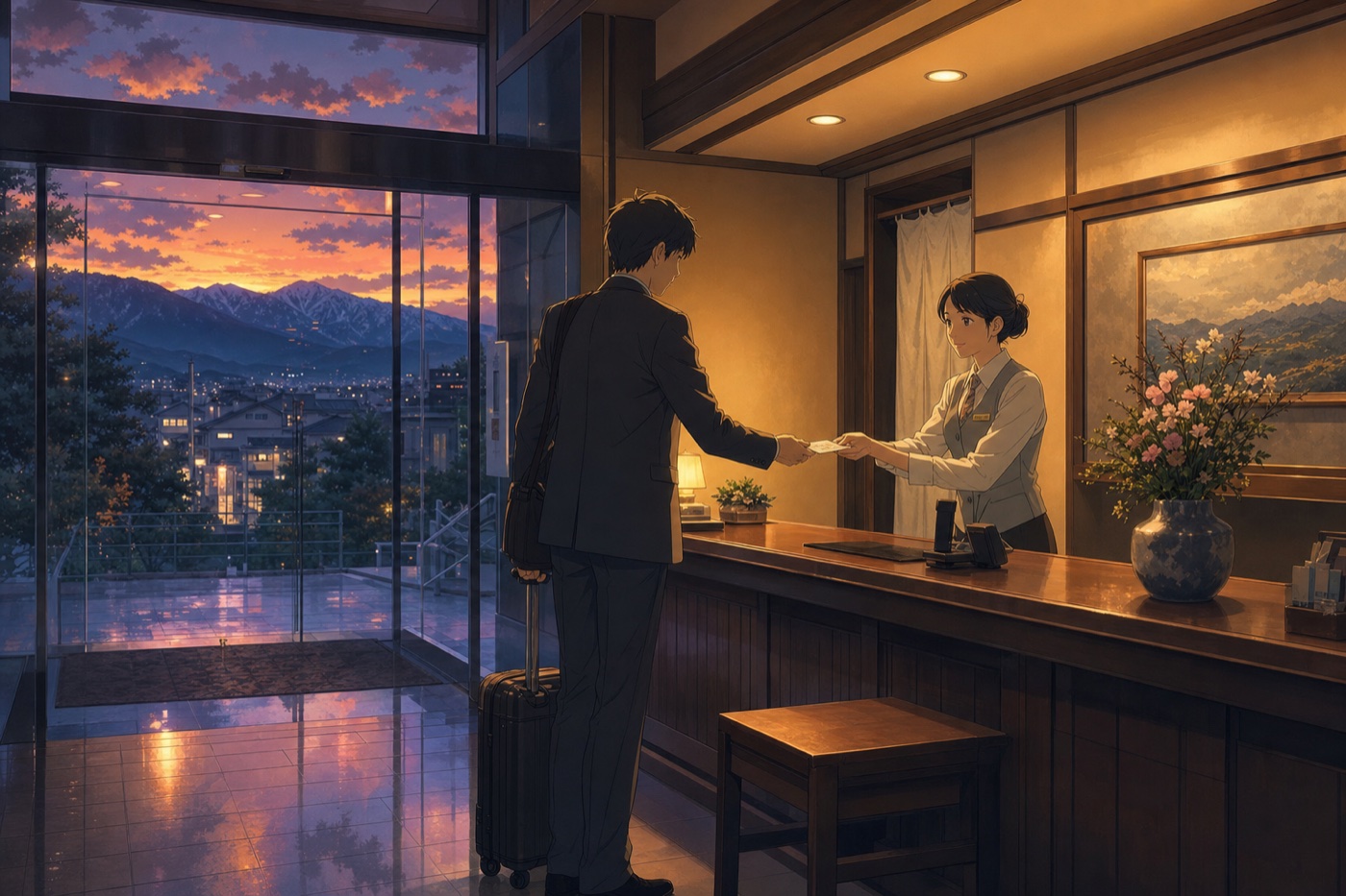 平日の夕方、ビジネスのお客さんがチェックインする（イメージ）